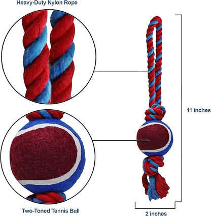 Dog Rope Toy with Tennis Ball, Nylon Rope with Balls, Fun Tug of War Toy for Dogs, Tough Dog Toy for Aggressive Chewers, Eskimo, Terrier, Beagle & More (3 Set Rope Dog Toy Red Ball)
