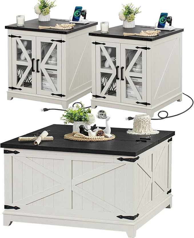 Farmhouse Coffee Table Sets 3 Pieces, Large End Side Tables with Charging Station and Coffee Table with Hidden Storage Compartment, White Living Room Table Set, Wood Furniture Sets for Home Office