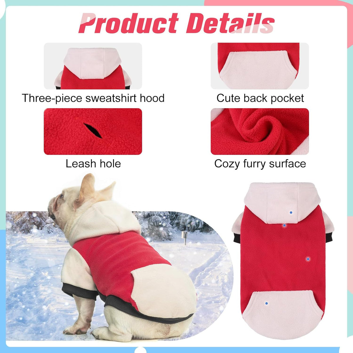 BEAUTYZOO Fleece Dog Hoodie Sweatershirt with Pocket and Leash Hole, Stretchy Small Medium Large Sized Dogs Clothes for Fall Winter Cold Days, Color Designer Warm Dog Jackets,French Bulldog Coats
