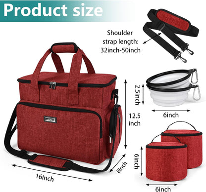 BAGLHER Dog Travel Bag, Pet Travel Bag (ALL Pet Travel Supplies), With 2 Pet Food Containers and 2 Collapsible Silicone Bowls; Essential Kits for Pet Travel Red