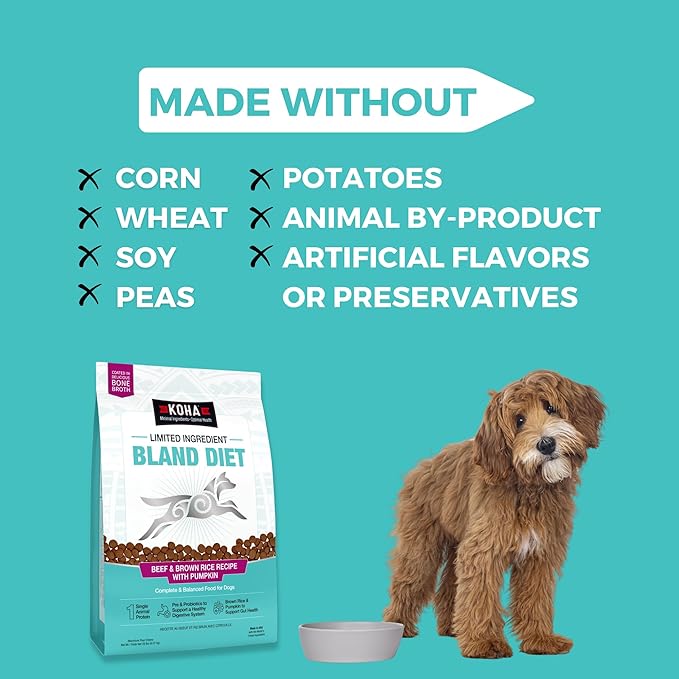 KOHA Limited Ingredient Bland Diet Dry Food for Dogs - Beef & Brown Rice Recipe, Sensitive Stomach Dog Food - Pumpkin for Digestive Support, 3.5 lbs