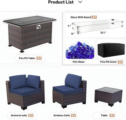 Kullavik 8 Pieces Outdoor Patio Furniture Set,Sectional Sofa Set with 43" 55000 BTU Gas Propane Fire Pit Table,Brown PE Rattan Wicker Patio Conversation Set,Navy Blue