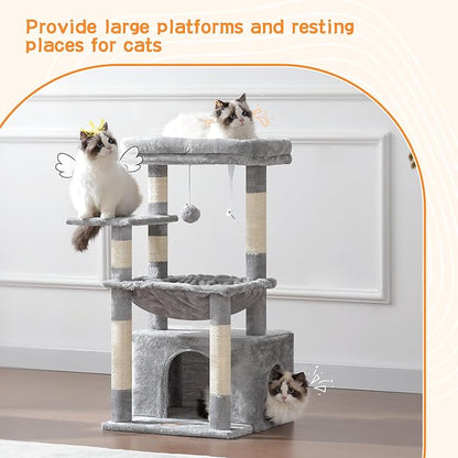 Heybly Cat Tree, Kitten Tower with Large Soft Cat Basket, Cat Condo with Spacious Cat Bed Cave with Hidden Space, Sisal-Covered Scratching Posts, Dangling Ball for Indoor Cats, Light Gray HCT008SW