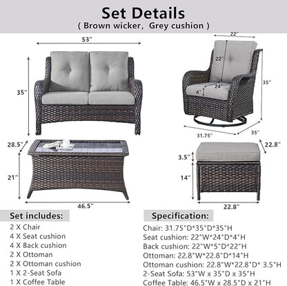 Belord Wicker Outdoor Furniture Patio Furniture Set - 6 Piece Patio Conversation Set with Swivel Rocker Chairs, Loveseat Sofa, Ottomans and Coffee Table, Gray Cushion