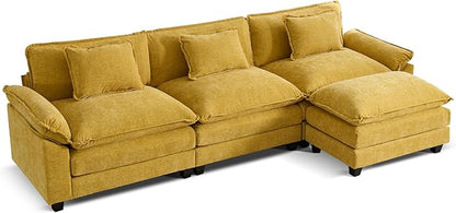 URRED Cloud Couch Modular Sectional Sofa, 122'' Modern L Shaped Deep Seat Sofa with Ottoman & Pillows, Ultra Comfy Chenille Couches for Living Room, Bedroom or Apartment. Yellow