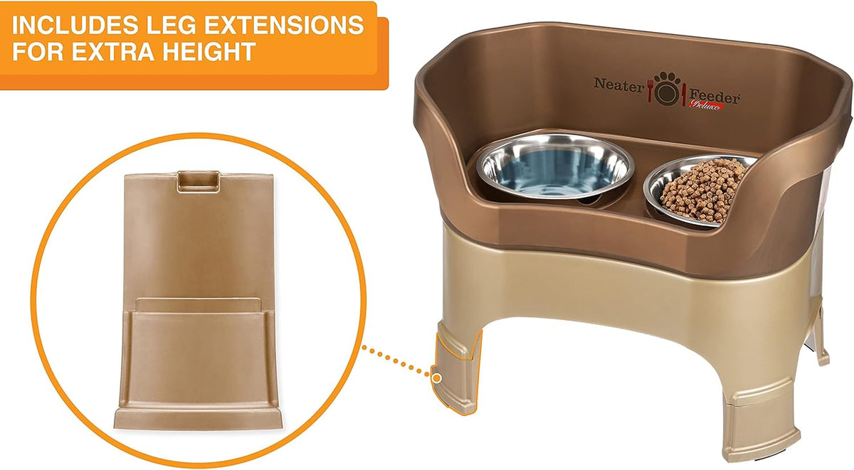 Neater Feeder Deluxe Mess Proof Dog Bowls Elevated for Large Dogs – Made in USA – No Spill Raised Dog Food Bowl Stand w/Leg Extensions – Stainless Steel Dog Food and Water Bowl Set – Bronze