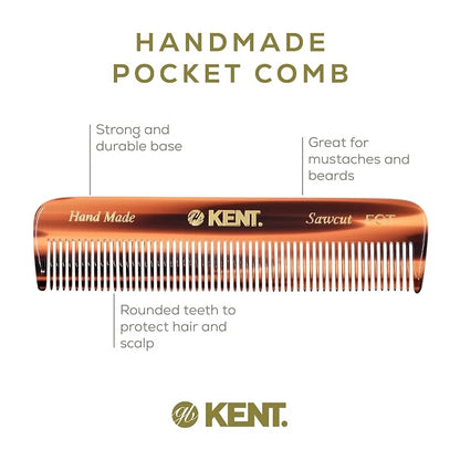Kent FOT Fine Tooth Handmade Pocket Comb for Men, Women and Kids, Hair Comb Straightener for Everyday Grooming and Styling, Beard and Mustache, Saw Cut, Hand Polished, Made in England