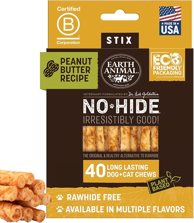 Earth Animal No Hide Stix - Long Lasting Rawhide Free Small Dog Chews Sticks, Peanut Butter - 40 Count Extra Value Pack