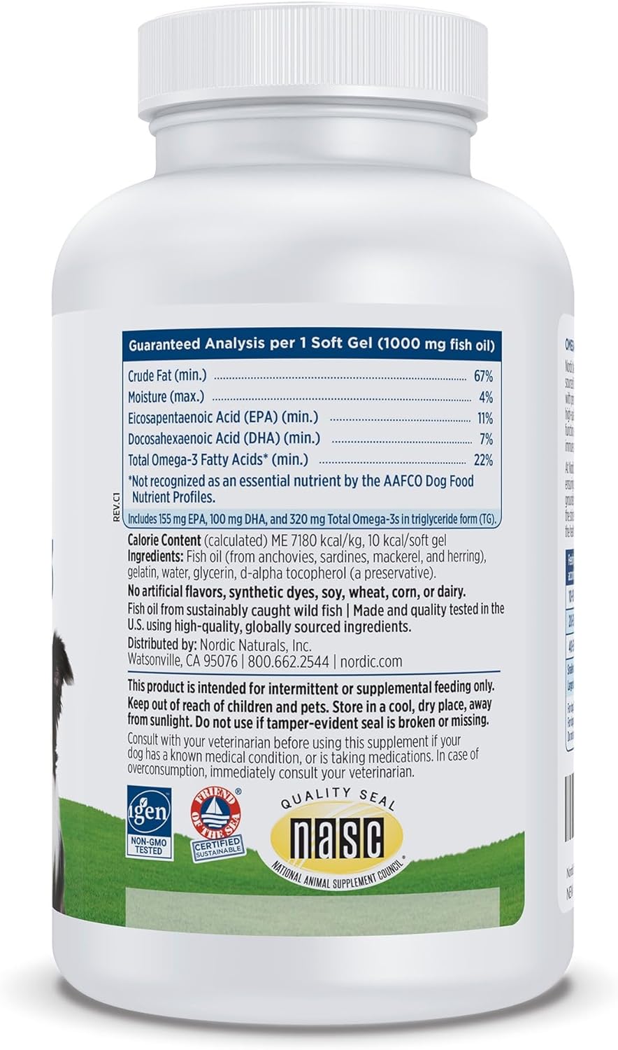 Nordic Naturals Omega-3 Pet, Unflavored - 120 Soft Gels - 330 mg Omega-3 Per Soft Gel - Fish Oil for Dogs with EPA & DHA - Promotes Heart, Skin, Coat, & Immune Health