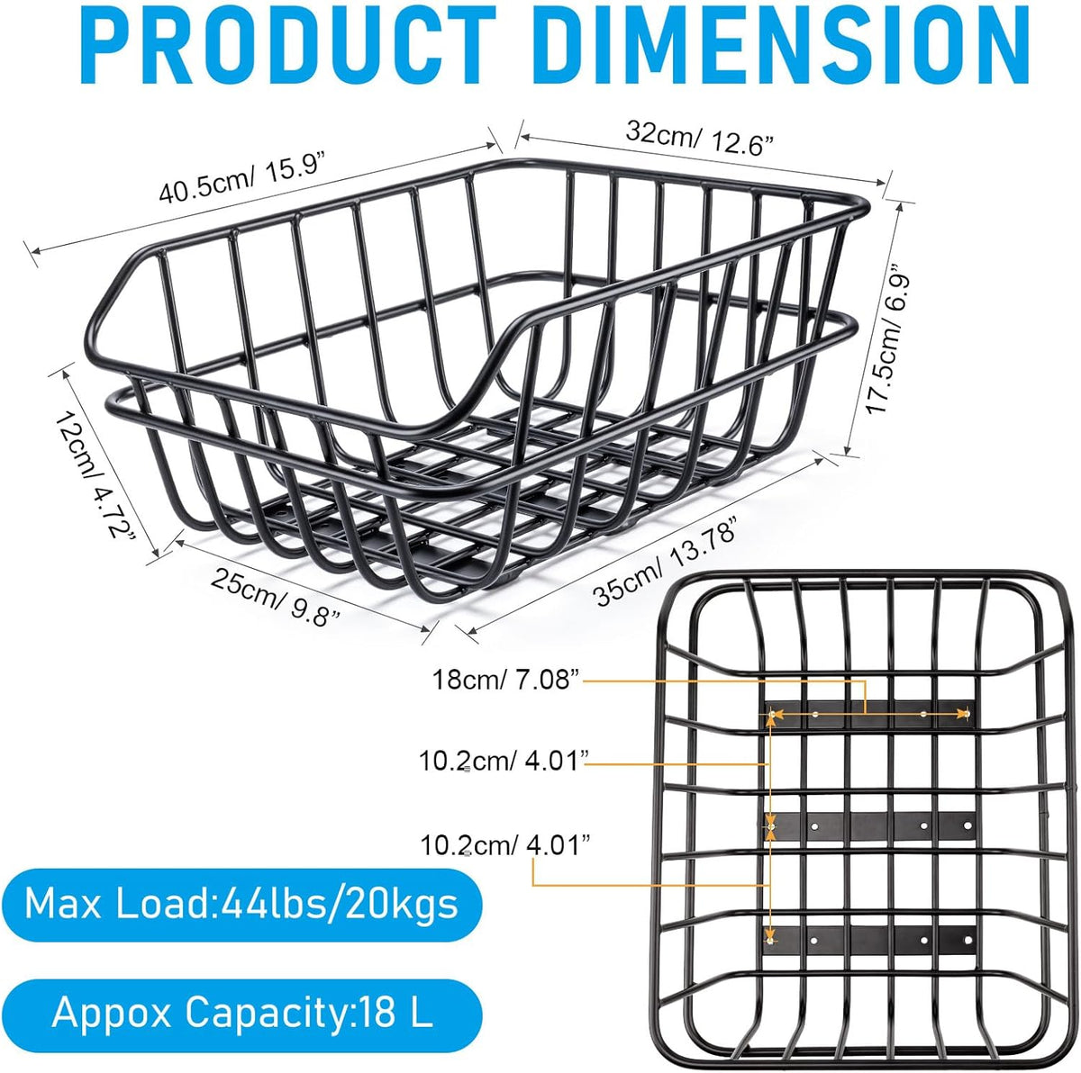 CXWXC Rear Bike Basket - Bicycle Rear Basket with Cargo Net and Waterproof Cover - Rear Mount Aluminium Bike Basket Large Capacity