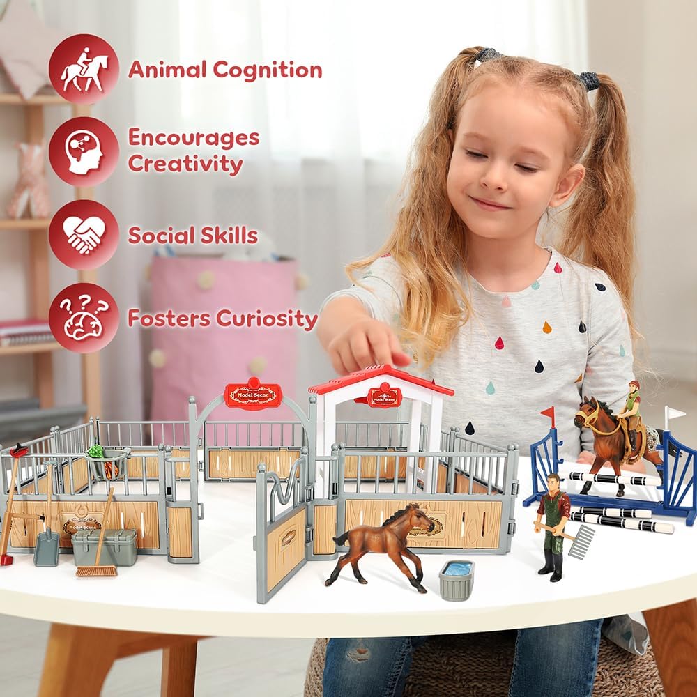 Horse Stable Playset, Horse Toys Set for Girls and Boys with Rider, Farm Animal Figurines Barn Toys, Pretend Play for Kids 3-5 6 7 8-10 Birthday Gifts