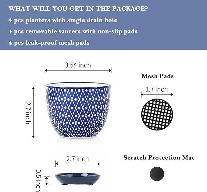 Selamica Ceramic Succulent Pots with Drainage Holes, Small Flower Pots 3.5 Inch Plant Pots for Indoor Plants with Saucers, Cactus Succulent, Home Decor, Set of 4, Vintage Blue
