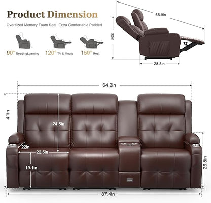 Aotolo Recliner Sofa, Massage Reclining Sofa 3 Seater Sets Heavy Weight Capacity, RV Loveseat Couch Clearance with Console, USB, Type C Port, Storage, Cup Holders, Wall Hugger Chair for Living Room