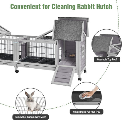 Wooden Rabbit Hutch with Wheels, Indoor Outdoor Bunny Cage with Removable Netting, Guinea Pig House with Leak-Proof Trays