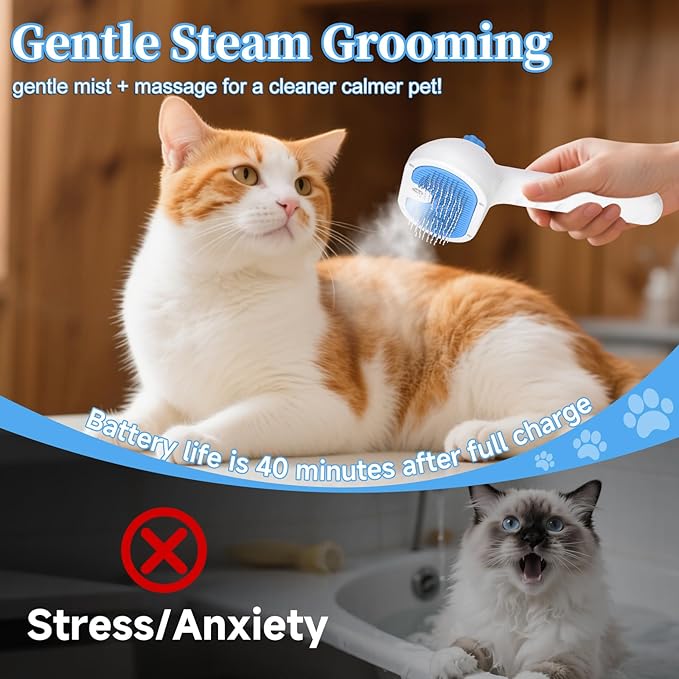 Pet Steam Brush for Dog & Cat - 3-in-1 Steam Grooming Brush for Shedding & Hair Removal - Self Cleaning Spray Comb with Mist for Long Haired Pets - Includes 2*Waterless Shampoo, Blue