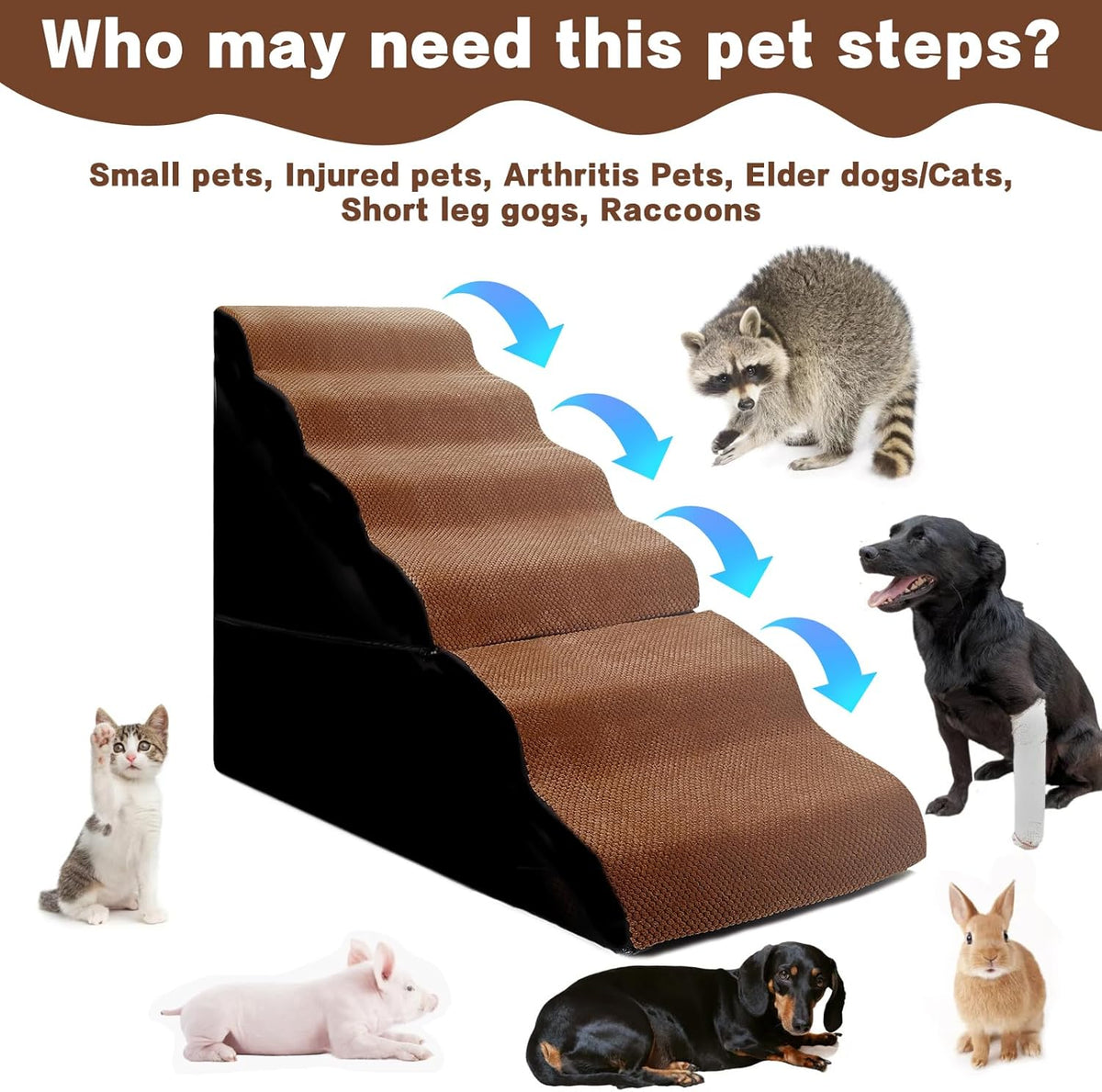 Dog Stair Steps for High Bed, 6-Step Dog Ramps for High Beds Climbing for Doggy/Kitty, Curved Pet Stairs for Small/Old Dogs/Cats, Brown