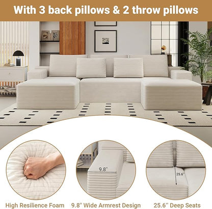 KAPEETOO U Shaped Boneless Sectional Couch with Chaise Ottoman, Giant Cloud Modular Sectional Sofa with Deep Seat, Oversize 3-Seater Boneless Couch for Living Room Bedroom Left Facing Chaise (White)