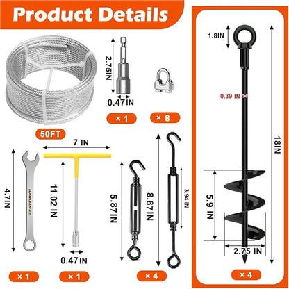 Camitlli 4 Pack 18" Fully Welded Ground Anchors Shed Anchor Kit with 1/8" Galvanized Cable, Heavy Duty Earth Anchors High Wind Screw in for Trampoline Swingset Tent Greenhouses (Black)