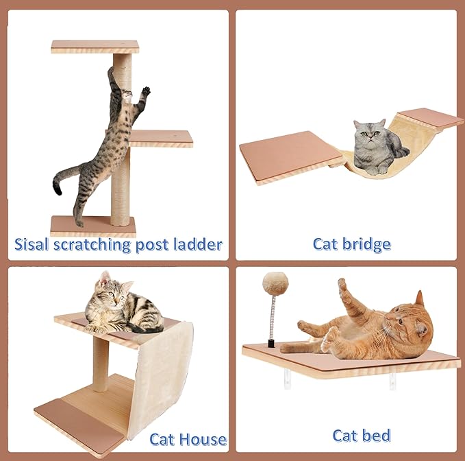 Cat Shelves for Wall，Solid Wood Cat Wall Furniture with Scratching Post,Hammock,Jumping Boards,Steps,Condo and Felt Pads, Suit for Cats Climb, Jump, Nap, Scratch-Beige