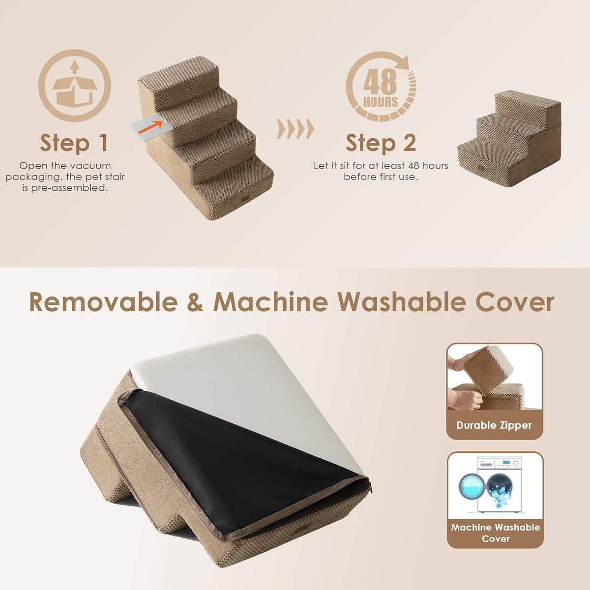 EHEYCIGA Dog Stairs for Small Dogs 13.5" H, 3-Step Dog Steps for Couch Sofa and Chair, Pet Steps for Medium Cats, Non-Slip Balanced Pet Ramp Indoor, Camel