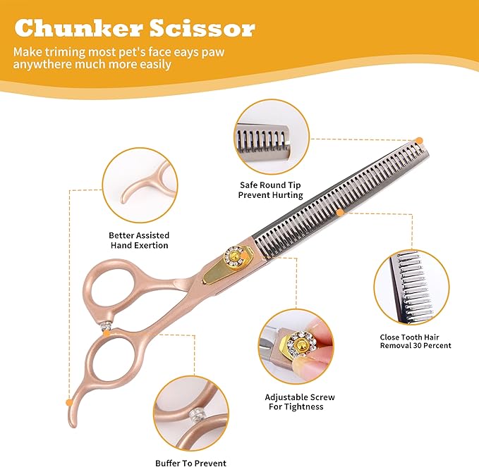 7 Inch Professional Dog Grooming Scissors Kit, 6-in-1 Grooming Scissors for Dogs, Pet Grooming Shears Set, Straight Scissor & Thinning Shear & Curved Scissor & Chunker Shear (Rose Gold)