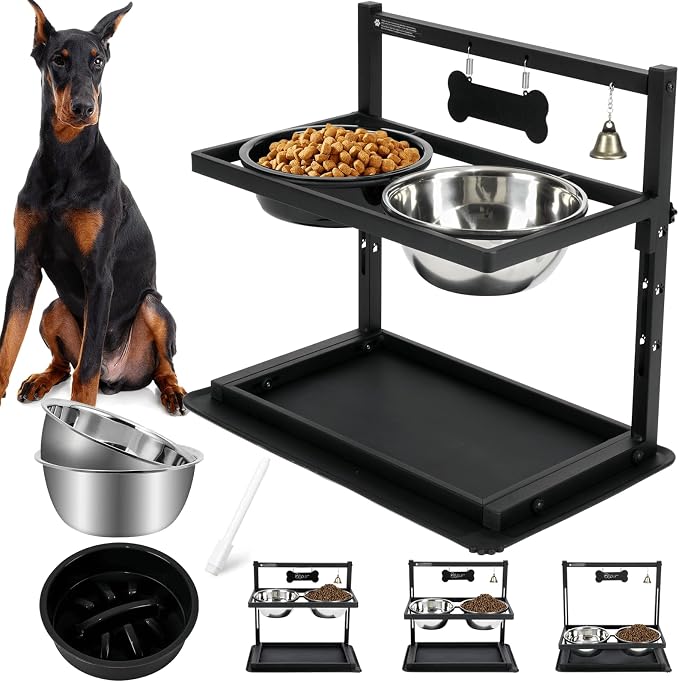 Elevated Dog Bowls with Slow Feeder for Large Dogs – Adjustable Raised Stand with 2 Stainless Steel Bowls & Spill-Proof Mat, Non-Slip Dog Feeder for Large & Medium Dogs (Black)