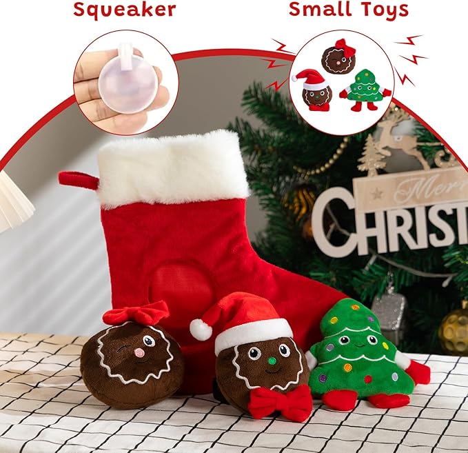 Hollypet Squeaky Dog Toy, Interactive Plush Hide and Seek Dog Toys for Small Medium Sized Dogs and Non-Aggressive Chewers, Puppy Teeth Clean Chew Toys, Christmas Stocking