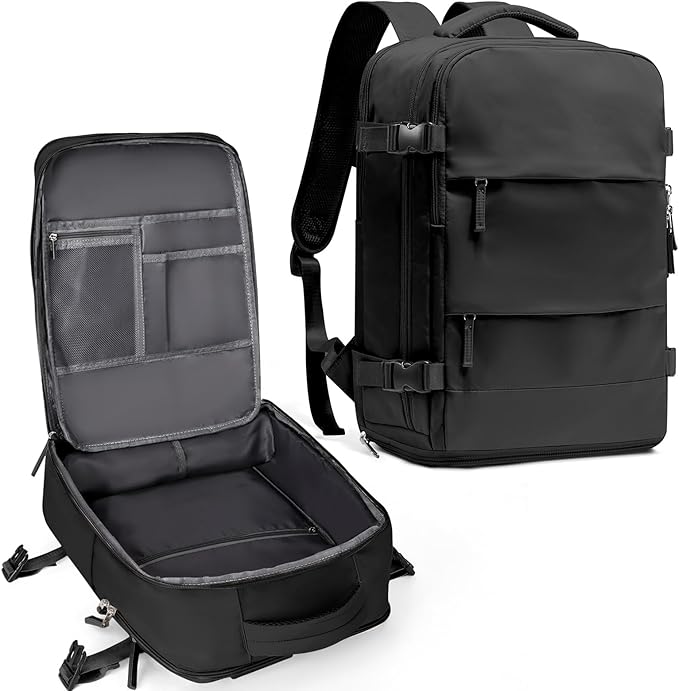 coowoz Travel Backpack For Women Men,Carry On Backpack,Hiking Backpack Waterproof Outdoor Sports Rucksack Casual Daypack Travel Essentials(Black) 25L