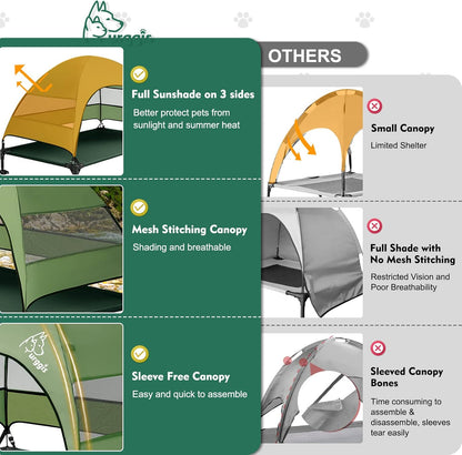Upgraded Elevated Dog Bed with Canopy, Portable Raised Outdoor Dog Bed with Stable Anti-Slip Feet, Removable Wider Shade, Raised Dogs Cot for Large Pets Camping, Indoor & Outdoor Use
