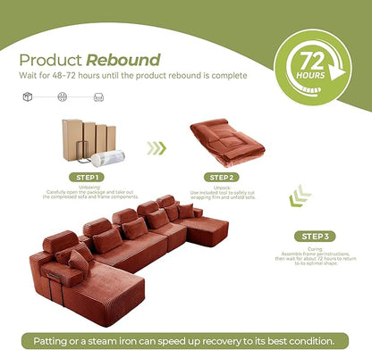 171" U-Shaped Cloud Modular Sectional Sofa with Chaise & Headrest, Boneless Deep Seat Plush Corduroy Couches for Large Living Room, No Assembly Required (Orange, 171" U-shapred Chaise)
