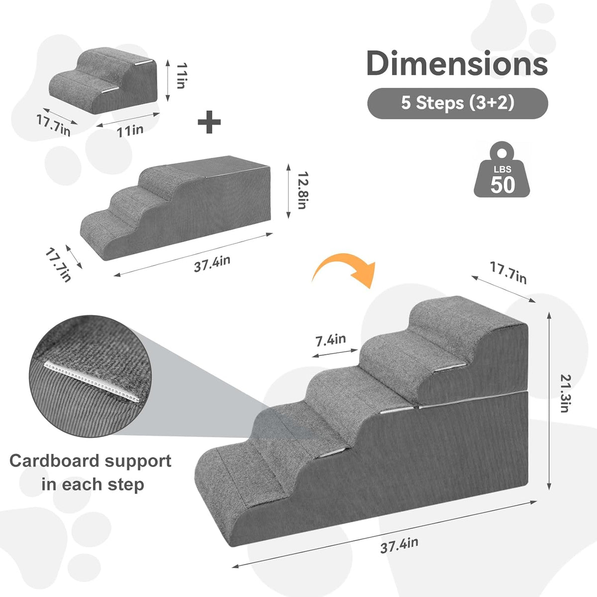 𝟱 𝗦𝘁𝗲𝗽𝘀 Dog Stairs for High Beds, 21.3" Tall Pet Steps for Small to Large Dogs & Cats, Waterproof with Removable Cover & PE Support Board for Bed, Couch, or Car