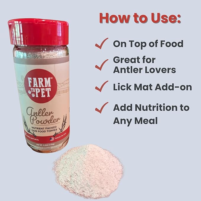 Farm To Pet - Dry Dog Food Toppers - 4.4 oz Elk Antler Meal Toppers for Dogs, Single Ingredient, All Natural, Healthy for Small, Medium, Large Breeds, and Puppies (Made in The USA)
