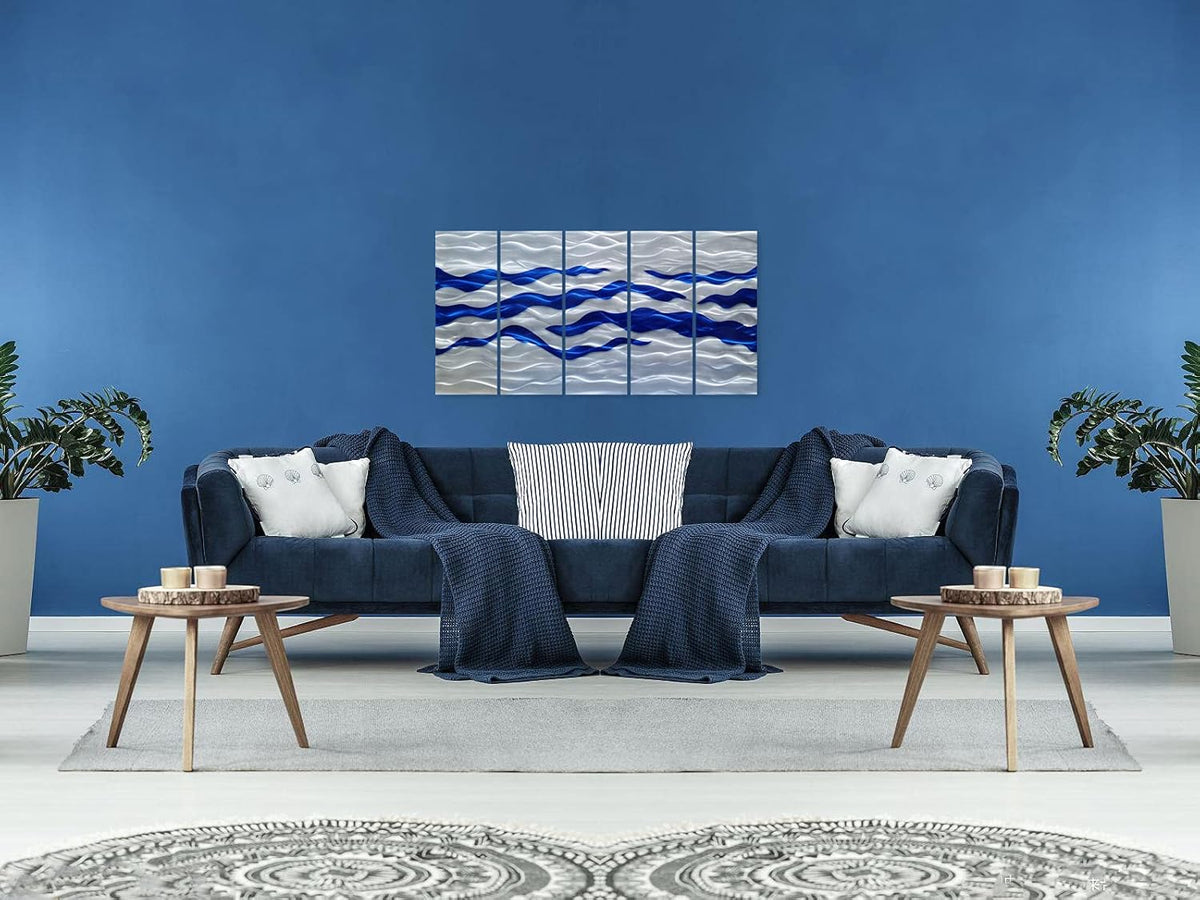 SYGALLERIER Abstract Coastal Metal Wall Art Handcrafted Big 3D Blue and Silver Artwork Modern Sea Waves Pictures Contemporary Sculpture for Living Room Bedroom Bathroom Decor