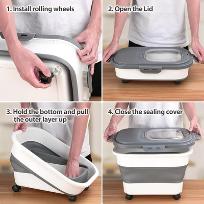 Dog Food Storage Container, 5-20Lbs Collapsible Pet Food Storage Containers with Rolling Wheel Airtight Locking Lid, Dry Food Storage Bin with Cup and Scoop,Suitable for Pet Food, Rice, Flour