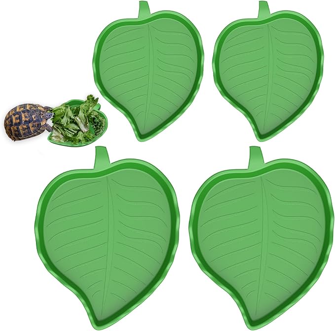 Pawfly 4 Pcs Leaf Reptile Water Dish, Reptile Water Bowl, Tortoise Habitat Accessories, Bearded Dragon Water Bowl, Pet Food Feeding Plate for Turtle Small Snake Lizard, 2 Sizes