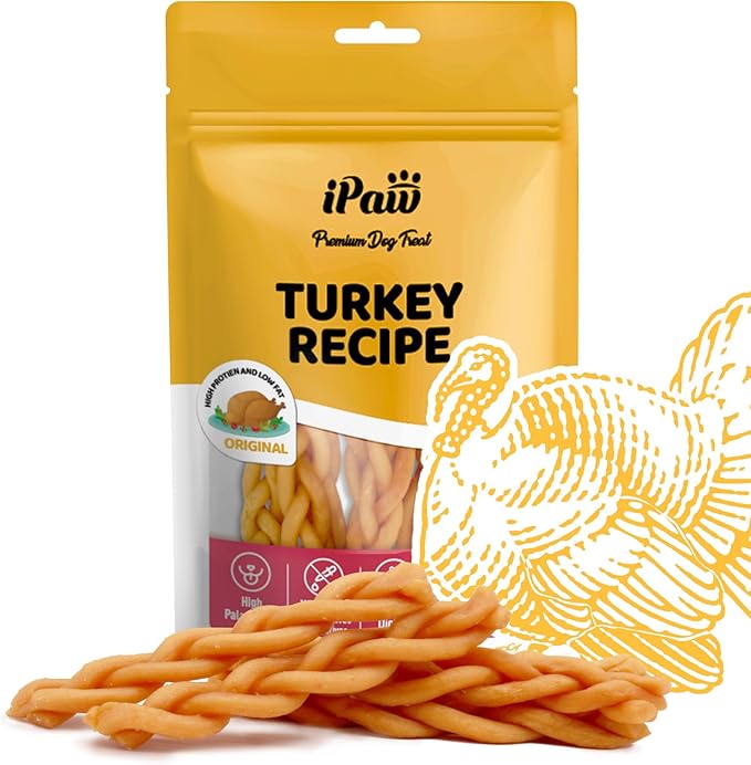 iPaw Turkey Dog Treats, All Natural Human Grade Dog Treat, Suitable for Training chew, US Sourced Raw Material, Hypoallergenic, Rawhide Alternative, Braided Stick