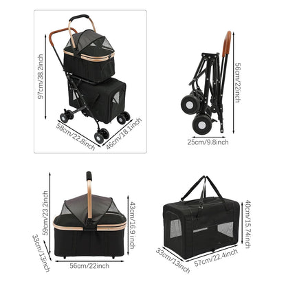 Double Pet Stroller with Detachable Carriers, Large Cat & Dog Stroller with 4 Wheels, Foldable Pet Strollers Small & Medium Dogs Cats 77lbs (Black)