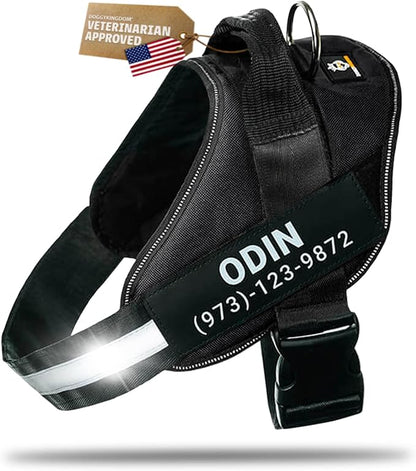 Personalized Dog Harness with Custom Name Patches, Adjustable Reflective No Choke Dog Vest with Handle for XXL Dog, Black, 2XL