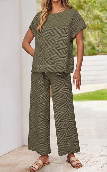 PRETTYGARDEN 2 Piece Outfits For Women Casual Tracksuit Short Sleeve Tops And Wide Leg Long Pants Matching Lounge Sets