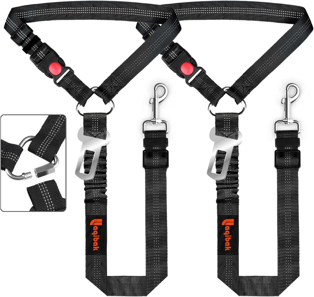 Removable Dog Seat Belt Harness for Car, 3 in 1 Pet Dog Car Seatbelt Leash, Retractable Restraint Secures to Vehicle Headrest & Adjustable Reflective Bungee Dog Seatbelt Tether, Black