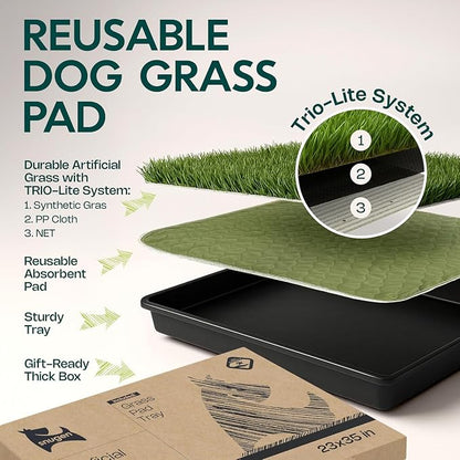 Dog Grass Pad with Tray 23”x35” – Soft-Touch Artificial Grass Pad for Dogs Potty with Pee Pads Washable & Puppy Porch Potty Tray – Dog Litter Box Indoor & Outdoor, Pet Turf for Puppy Toilet Training