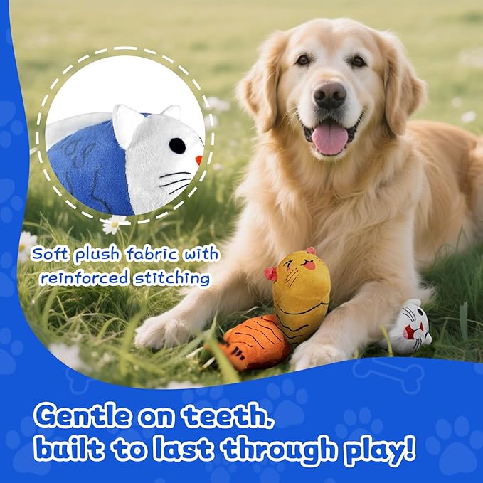 Squeaky Dog Toys for Small Dogs & Puppy – 3 Pack Fish Crinkle Squeak Pet Toys for Interactive Play, Boredom Relief & Teeth Cleaning