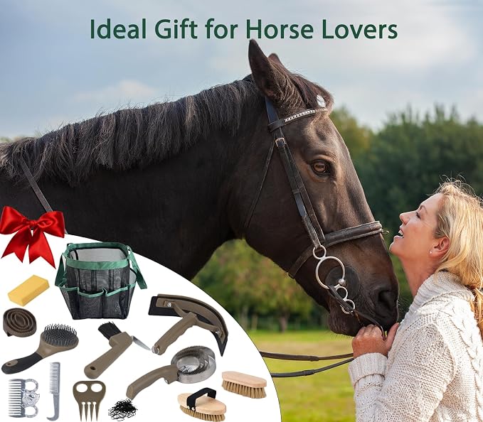 Horse Grooming Kit 13 Piece, Horse Brushes for Grooming Supplies Set with Organizer Bag, Horse Brush & Curry Comb for Effective Cleaning, Gift for Horses Riders Beginners