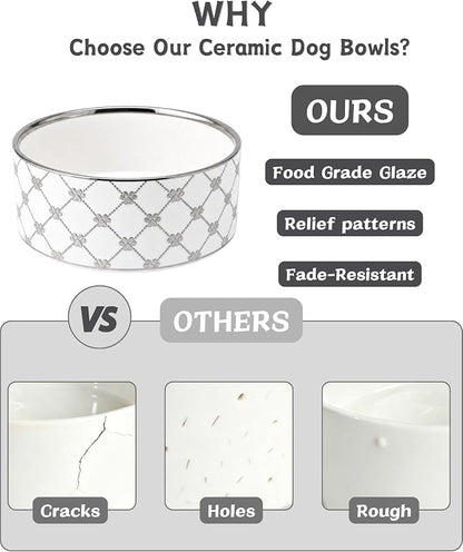 TRUVIC Ceramic Dog Bowl Set of 2 with Wood Stand, Silver Claw Pattern Dog Food and Water Bowl Set, 3.5 Cup/28 oz Puppy Food Bowls for Medium Dogs, Dishwasher Safe