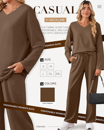 JoyMotion 2 Piece Women's Sweatsuit, V Neck Oversized Tracksuit Wide Leg Pant Fall Lounge Set Long Sleeve Sweatshirts Outfit