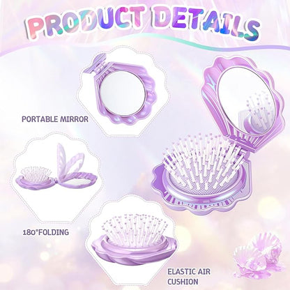LemonRoad 24 Sets Mermaid Party Favors Shell Hair Brush with Mirror Card, Foldable Mini Travel Compact Hair Brush for Women Birthday, Bachelorette, Under The Sea, Beach Party Gifts(Purple)
