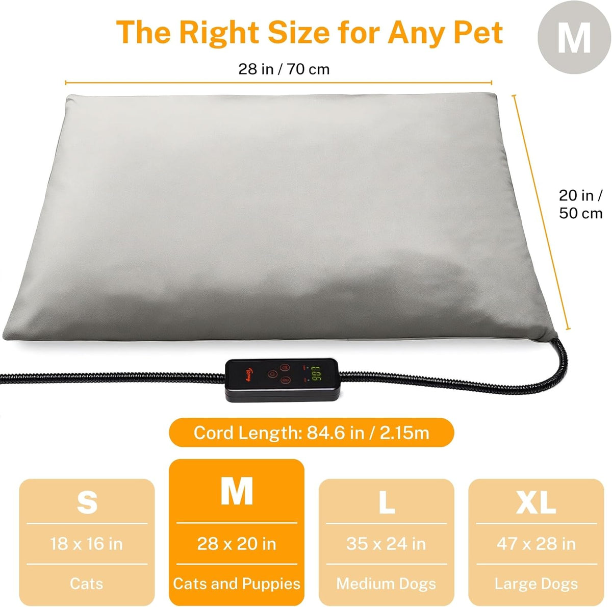 Toozey Medium Pet Heating Pad, 28x20 in, 6 Temp Settings, Timer, Waterproof, Chew-Resistant Cord, for Dogs and Cats