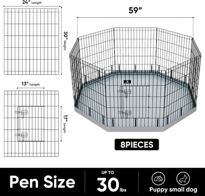 PJYuCien Dog Playpen, 8 Panels 30’’H Dog Pens Indoor with Bottom Pad, Metal Foldable Pet Puppy Exercise Fence Crate Kennel, Better for Small Animals,Grey
