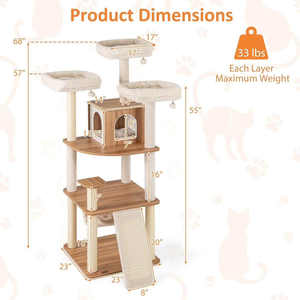 PETSITE 68 Inch Modern Tall Cat Tree for Indoor Cats, Multi-Level Wooden Cat Tree Tower with Sisal Scratching Posts, 3 Top Perches, Cat Condo, Comfy Hammock, Sisal Ramp, and Jingling Balls