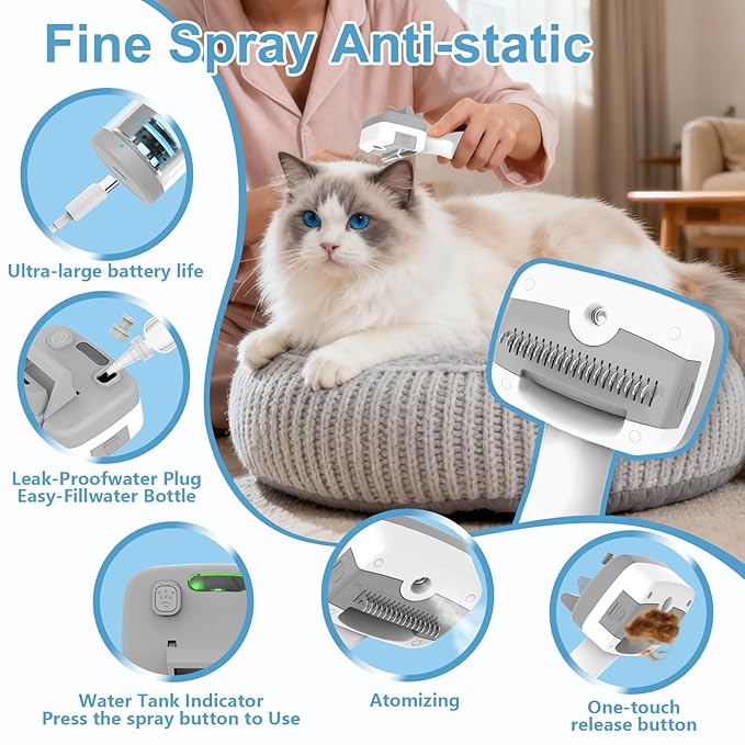 3 in 1 Pet Steam Brush for Dogs & Cats – Self Cleaning, Hair Removal Comb Steam for Shedding & Dematting for Long & Short Haired Pets,Includes Pet Essence